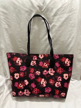 kate spade Black Floral Print Tote with Pink and Red Blooms